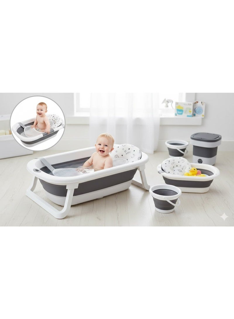 POPYPAPA 10-in-1 Foldable Baby Bath Tub Set with Temperature Display, Mini Washing Machine and Accessories, Safe and Comfortable Infant Bathing Solution, Space-Saving and Adjustable Design, Multicolour (Grey) - Image 3